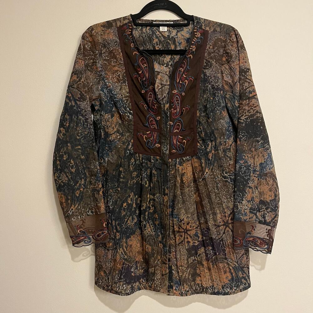 Boho Tunic Top Earth Tones Embroidered Long Sleeve Fairycore‎ Goblincore XS